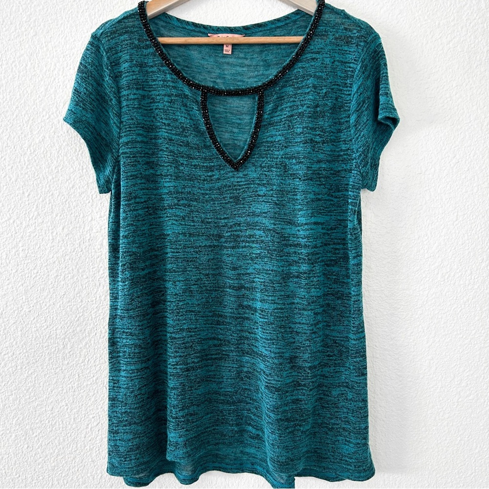 Women's Vintage Juicy Couture Top Sz Med Heathered Teal Beaded Y2K Spring Summer